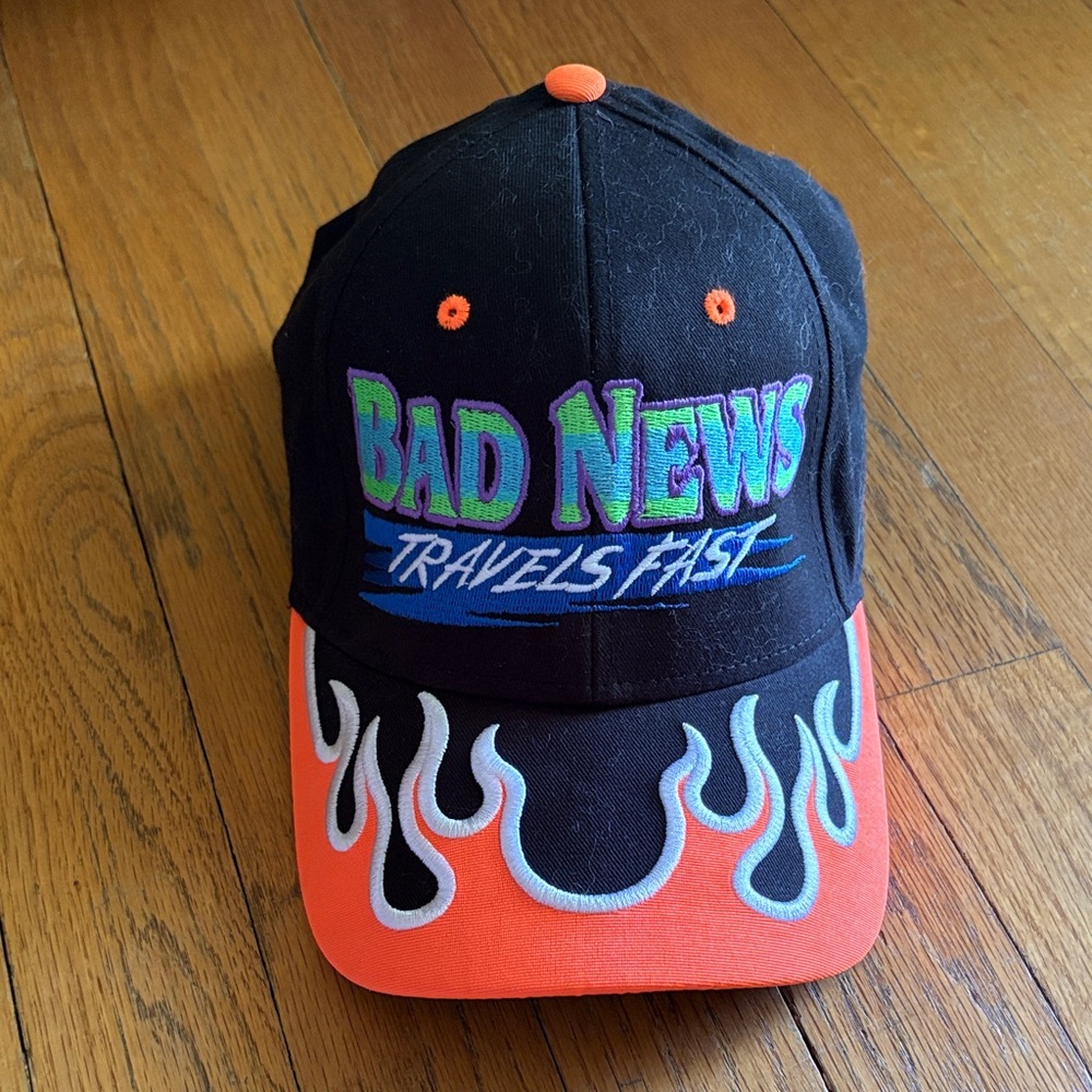 retro vintage streetwear style Bad News Travels Fast embroidered flame hat
